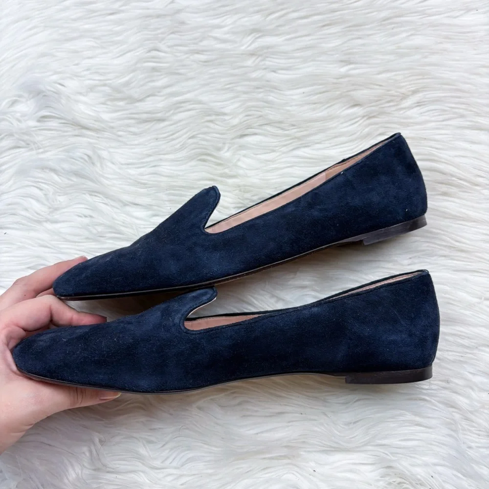 J. Crew Suede Smoking Slippers Pacific Navy Blue Leather Loafer Womens Size 9.5